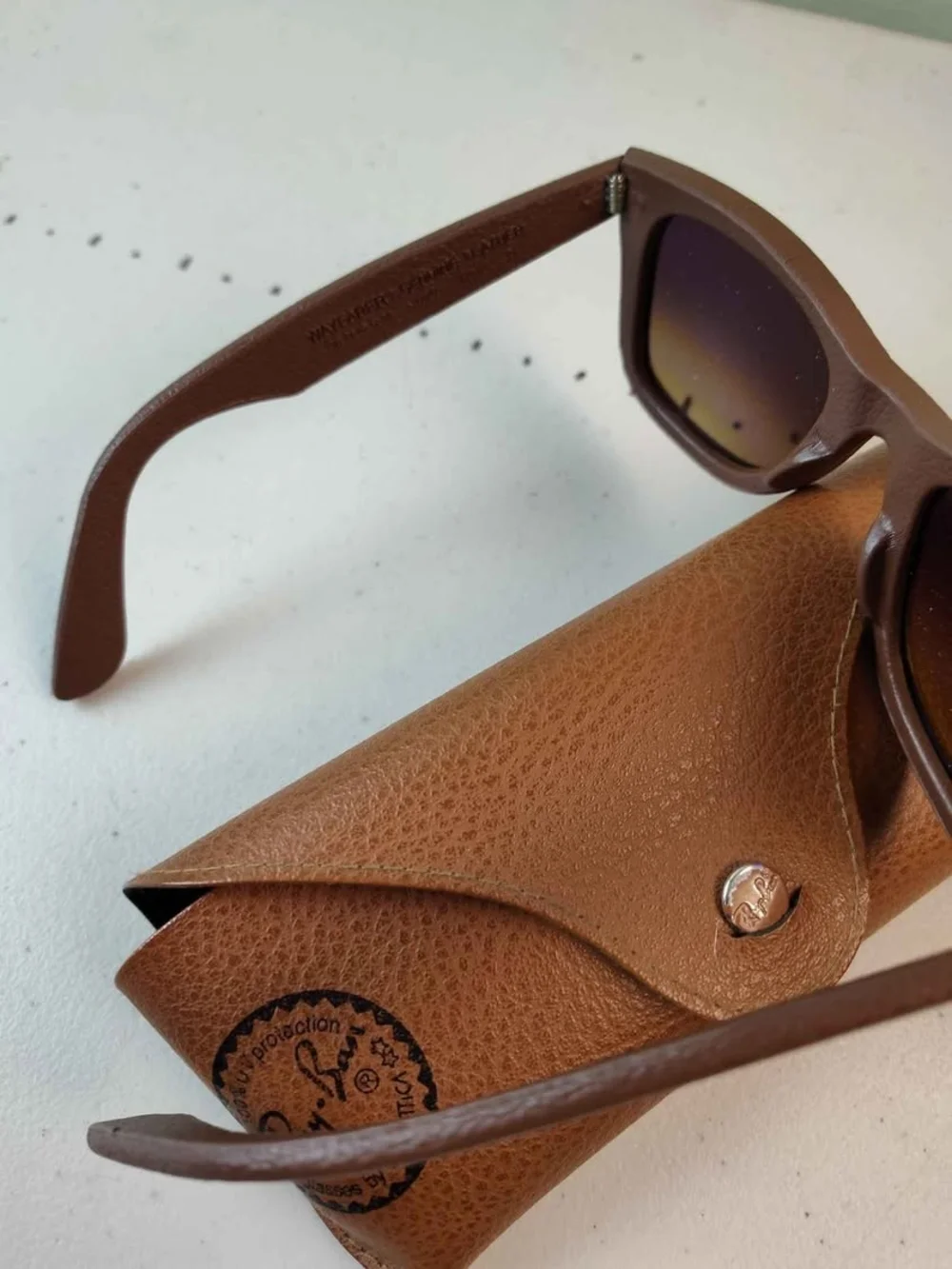Ray-Ban Men’s Brown Leather Wrapped Sunglasses with Brown Lenses